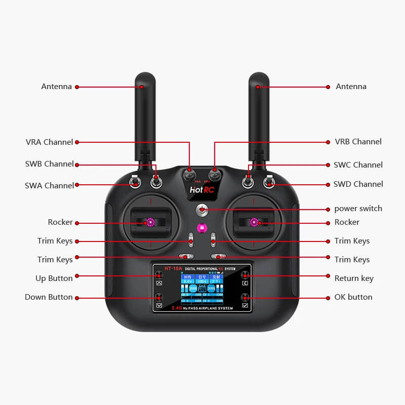 HotRC HT-10A 10-Channel 2.4GHz RC Transmitter with F-10A Receiver