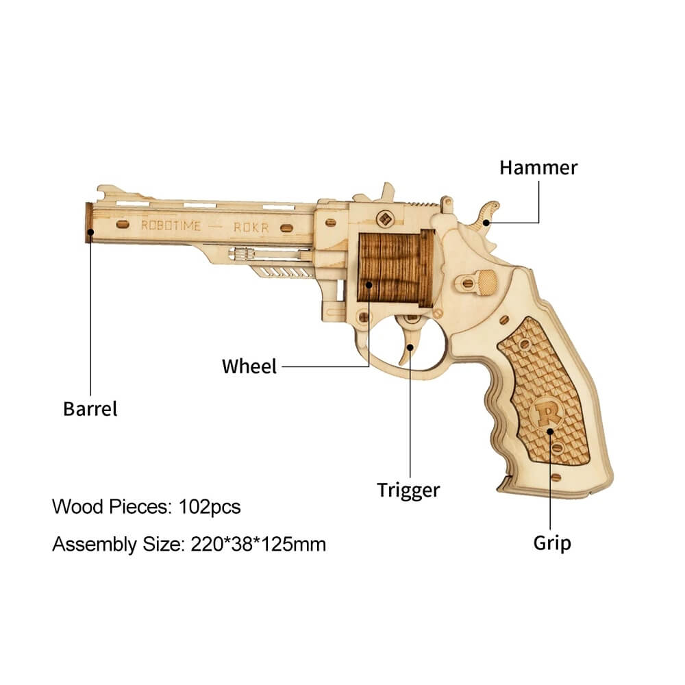 Robotime ROKR DIY 3D Rubber Band Bullet Revolver Gun Wooden Puzzle