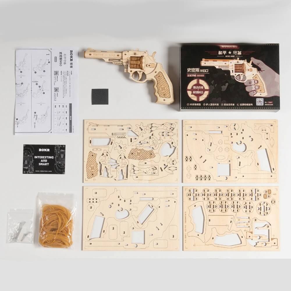 Robotime ROKR DIY 3D Rubber Band Bullet Revolver Gun Wooden Puzzle