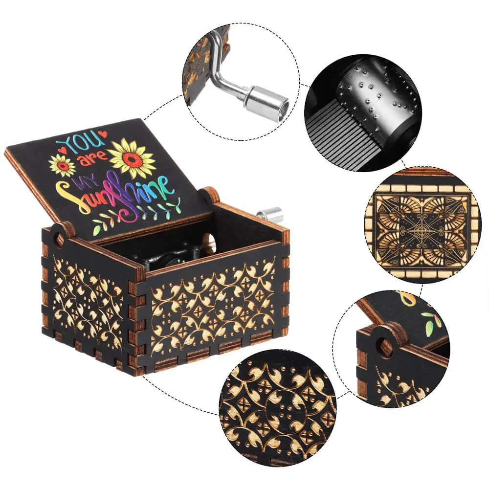 'You are My Sunshine' Engraved Hand-Cranked Wooden Musical Box
