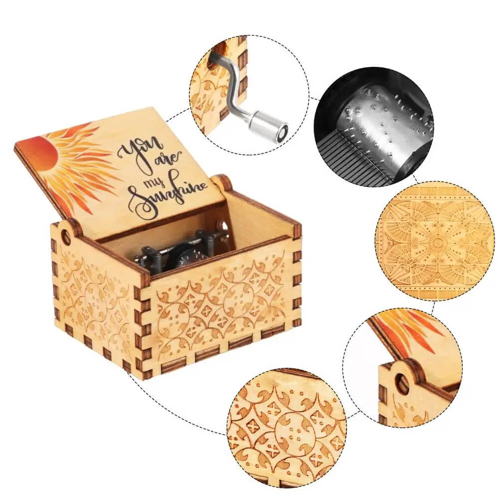 'You are My Sunshine' Engraved Hand-Cranked Wooden Musical Box