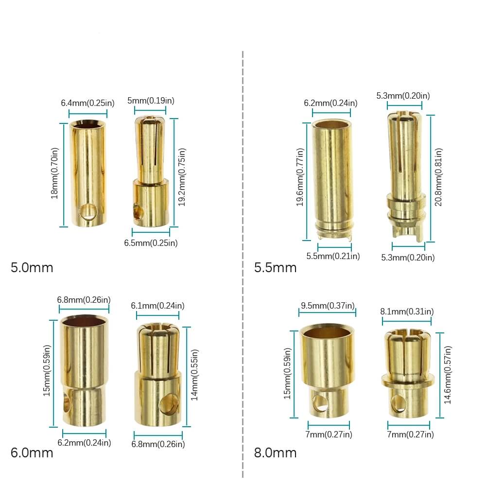 Gold Bullet Banana Plug Connectors for ESC, Motors & Batteries