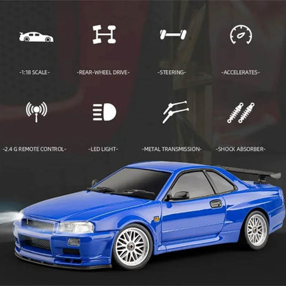 LDRC 1899 1/18 Scale RWD GTR R34 RC Drift Car with Built-in Gyro & LED Lights