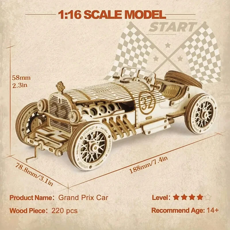 Movable Grand Prix Car Model Building Kit - 3D Wooden Puzzle